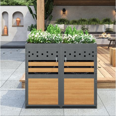 Box per bidoni della spazzatura 2 pezzi, con tetto da piantare, porta con chiave, metallo, grigio naturale (1/5)
