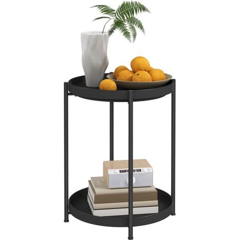 Table d'appoint rond avec étagère à deux niveaux, table basse en métal noir pour salon, chambre et petits espaces (1/5)