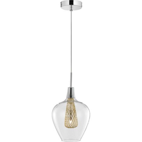 Merano Esquimalt 18cm Dôme Suspension Plafonnier Chrome Aluminium Verre Clair, Cadre Doré LED G9