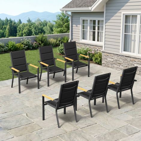 lot de 6 Chaise de Jardin Empilable, Fauteuil en Aluminium avec Accoudoirs Imitation Bois, Tissu Textilène et éponge à Séchage Rapide, Dossier Surélevé, Respirante et Confortable, Gris (1/5)