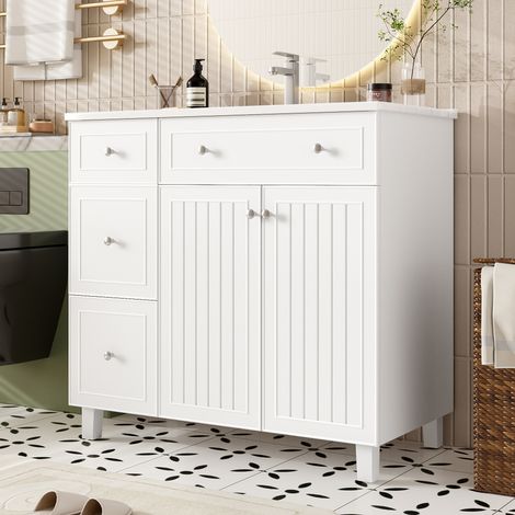 Meuble sous vasque sur pieds avec vasque intégrée, 91,5 x 46,5 x 89 cm, MDF blanc - REDOM (1/5)