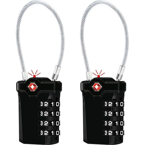 Cadenas de bagage TSA à 4 chiffres avec câble flexible, lot de 2, Noir