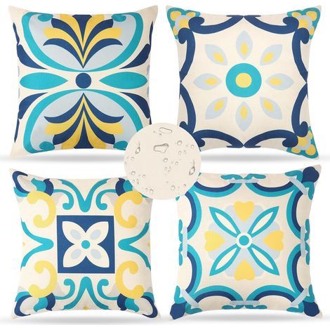 Lot de 4 Coussin Exterieur Impermeable 45 X 45 cm Housse de Coussin Imprimées Florales Bleue Coussins de Jardin Boho Coussins Décoratifs Taie d'oreiller pour Balcon Salon Terrasse Jardin (1/5)