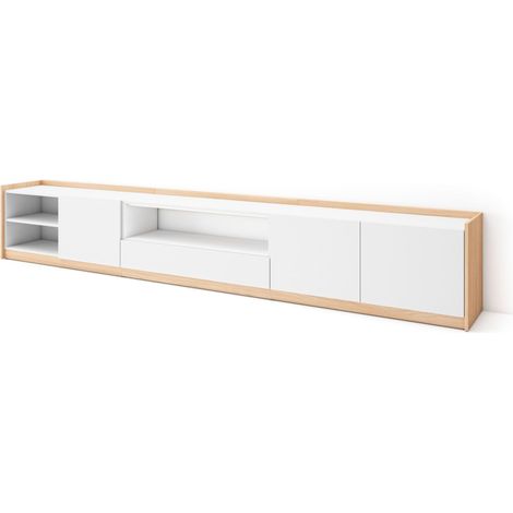 Skraut Home - TV-Schrank, Lowboard, 310x37x50cm, Für TV-Geräte bis zu 80", Fernsehtisch, Weiß und Eiche Soft (1/5)