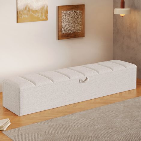 Banc coffre 163 x 32 x 36 cm, rangement intégré, assise mobile, revêtement velours, blanc (1/5)