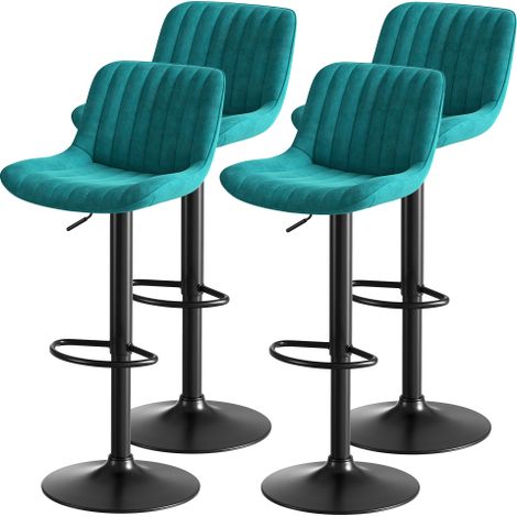 Lot de 4 tabouret de bar pivotantes et réglables en hauteur avec dossier, en velours, bleu (1/5)