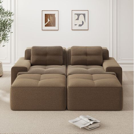 Canapé modular de pana marrón, asiento profundo 74 cm, diseño sin patas y sin montaje (1/5)