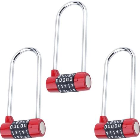 Lot de 3 cadenas à combinaison 5 chiffres, anse de 7 mm, réinitialisables, étanches, pour portail d'école, boîte à outils ou armoire, rouge. (1/5)