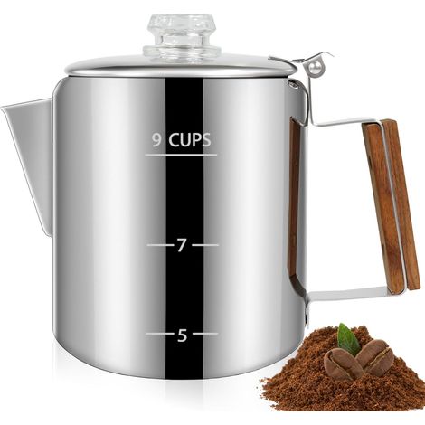 Percolateur à 9 tasses en acier inoxydable 304 avec poignée en bois massif et bouton transparent pour cuisinière à induction, maison et camping, 1500 ml (1/5)