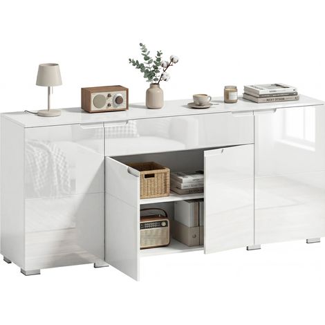 Hochglanz-Sideboard, moderne Kommode mit 4 Türen und verstellbaren Einlegeböden, Soft-Close-Funktion, Weiß