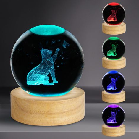 Veilleuse boule de cristal 3D en forme de chat avec base LED 16 couleurs, boule de cristal pour chat de 8 cm, cadeau pour les amoureux des chats (1/5)