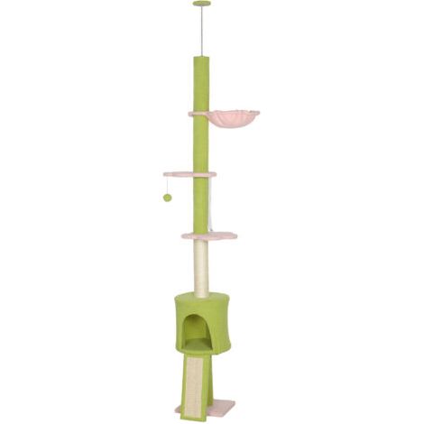 Arbre à chat, du sol au plafond, 5 niveaux, hauteur réglable, 220-240 cm, fleurs sur la plateforme, hamac avec niche à griffer, vert (1/5)