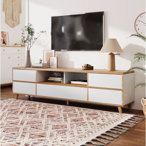 Meuble tv rangement salon 175 cm blanc bois MDF large OKMYHOME (1/5)