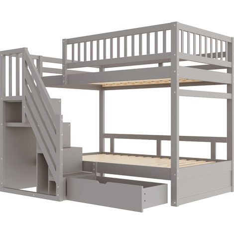 Lit superposé en bois massif 90200 cm, avec grande barrière de sécurité, sommier à lattes, escalier de sécurité avec rangement, tiroirs de rangement, lit enfant et adolescent, gris