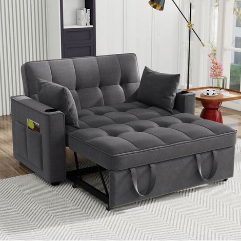 Divano 137x163 cm in Velluto Grigio, Convertibile 3 Posizioni con Portabicchieri e Tasche Laterali (1/5)