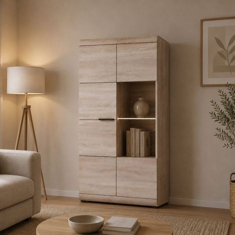 Vitrine Ladavapa, Ausstellungsregal 6 Böden, 2 Türen, mit LED, abgerundete Ecken, 80x37x158h cm, Eichenbraun (1/3)