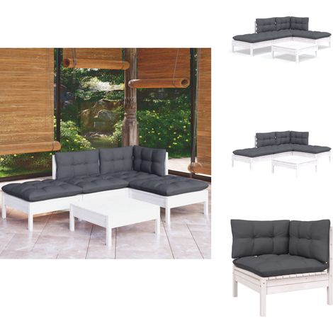 5-tlg. Garten-Lounge-Set mit Kissen Weiß Kiefernholz - Garten Lounge Set - Kiefernholz Möbel - Outdoor Möbel - Gartenmöbel - Esszimmergarnitur (1/5)
