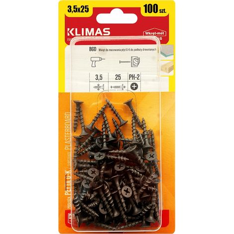 Vis Pour Bois Et Plaques De Plâtre Klimas, 3.5 x 25 mm, Noires PH2, Blister 100 Pièces (1/5)
