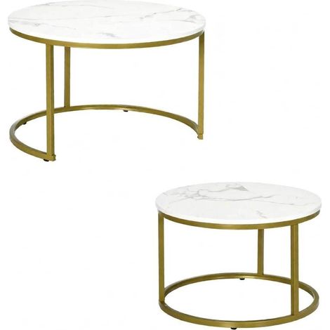 Set 2 Tavolini da Salotto Nesting Rotondi Bianco Marmo e Oro in Acciaio e Truciolare (1/5)