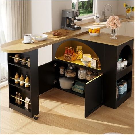 Buffet 135-205 x 39 x 100 cm plateau extensible rangement intégré éclairage led porte galbée finition noire structure télescopique (1/5)