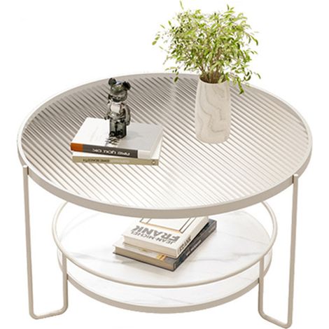 Tavolino Salotto in Vetro Temperato, Rotondo Tavolino da caffè Tavolino Soggiorno 2 Ripiani Comodino Divano Tavolino Basso da fumo bordo in metallo, Diametro 60cm, Alto 45cm - Bianco
