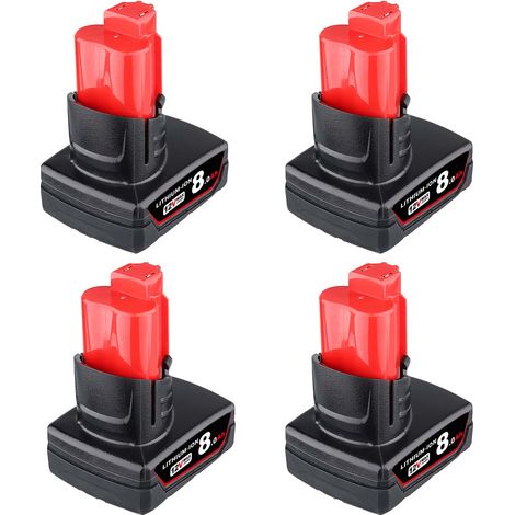 PDstation Lot de 4 batteries de rechange M12 12V 8.0Ah compatibles avec Milwaukee M12 Lithium-ion Batterie 48-11-2411 48-11-2440 48-11-2402 Milwaukee M12 XC Outils sans fil