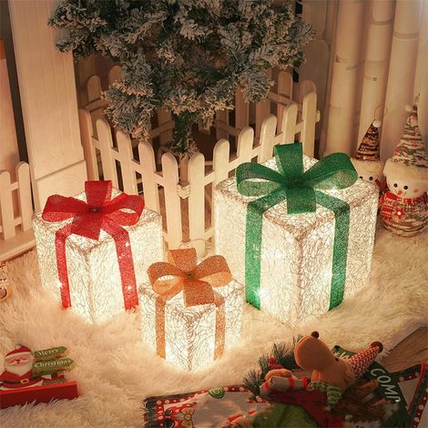 Boîte Cadeau De Noël - Ensemble De 3 Boîtes Lumineuses Pliables - LED Blanc Chaud - Pour Décoration Intérieure Et Extérieure - 15,5 x 15,5 cm À 25,5 x 25,5 cm (1/5)