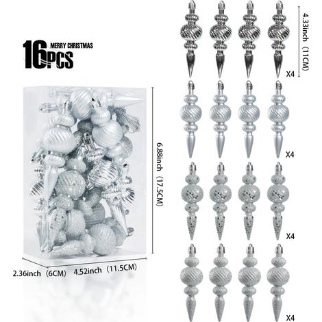 Juego de 16 bolas navideñas - Decoración clásica para el árbol - Adornos navideños - Irrompibles - Plateadas