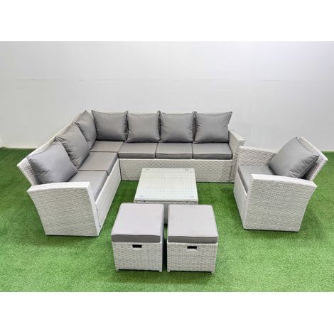 Fimous Outdoor Rattan Garden Furniture Set 9 Seater Corner Sofa Sets with Square Coffee Table Chair 2 Small Footstools Light Grey Mixed (1/5)