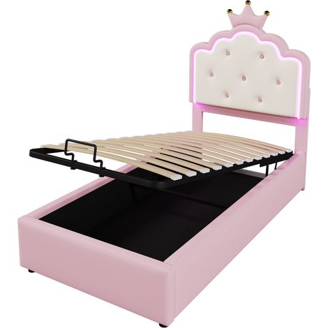 Superbe lit enfant 90x200 cm avec sommier à lattes, lit princesse rose en similicuir PU avec éclairage LED et coffre de rangement hydraulique. (1/5)