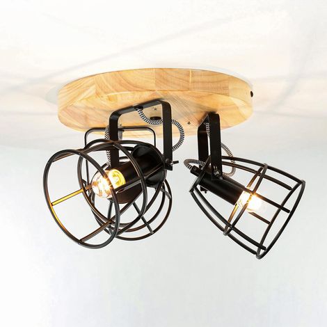 Deckenstrahler drehbar schwenkbar Holz Metall 3x E14 Retro Design Deckenlampe DYK
