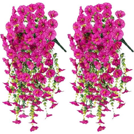 Set of 2 Artificial Hanging Flowers, Artificial Morning Glory Bouquet, Ideal for Wall Decor, Red-Pink