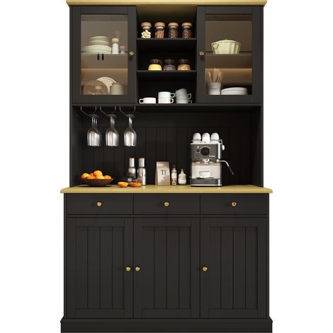 Küchenbuffet Hochschrank mit Vitrinentüren, 1 Schublade, Gläserhalter, 2 Steckdosen und USB-A USB-C, MDF, Schwarz, 120 x 40 x 191 cm (1/5)