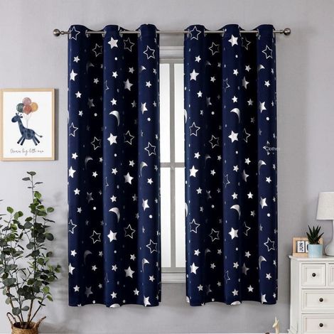 Rideaux occultants pour enfants avec lune et étoiles pour chambre - Rideaux et voilages galaxie découpés avec œillets pour chambre de bébé - Rideaux occultants pour bébé, 2 panneaux de 213 cm de long (1/5)