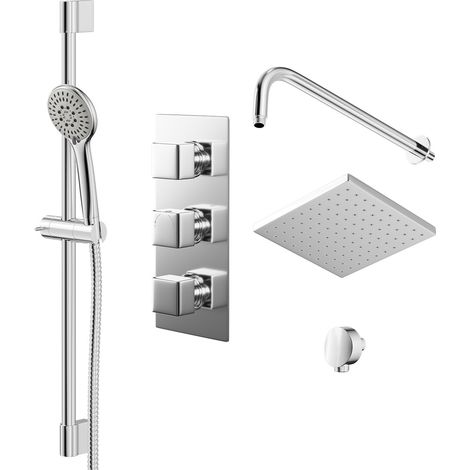 Wholesale Domestic Cubix Polished Chrome Triple Thermostatic Valve Mixer Shower with Square Fixed Head and Avon Shower Slide Rail Kit - 2 Outlet (1/5)