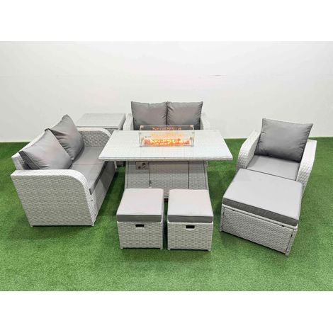 Fimous High Back Poly Rattan Garden Furniture Set with Reclining Chair Loveseat Sofa Firepit Dining Table Indoor Outdoor Patio  Set 3 Stools Side Table Light Grey (1/4)