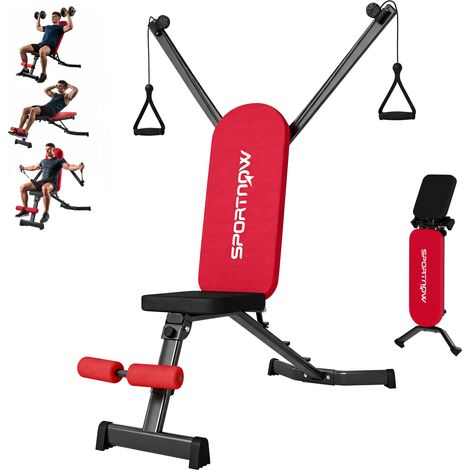 Banc de musculation pliable avec bandes de résistance. dossier réglable (plat/incliné/décliné) pour salle de sport à domicile. rouge (1/5)