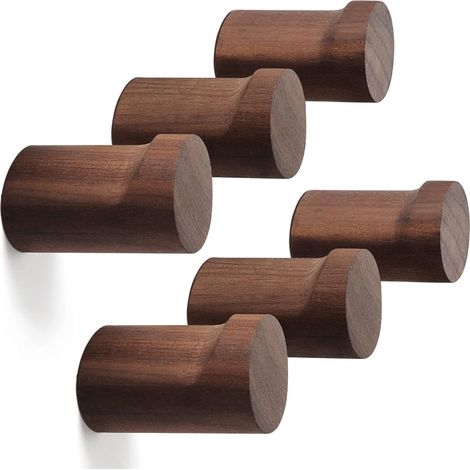Holzwandhaken (6 Stück), Holzwandhaken für Kleidung, rustikale handgefertigte Huthaken, stabile Wandhaken für den Flur zum Aufhängen von Handtüchern, Kleidung und Taschen (schwarzes Walnussholz)