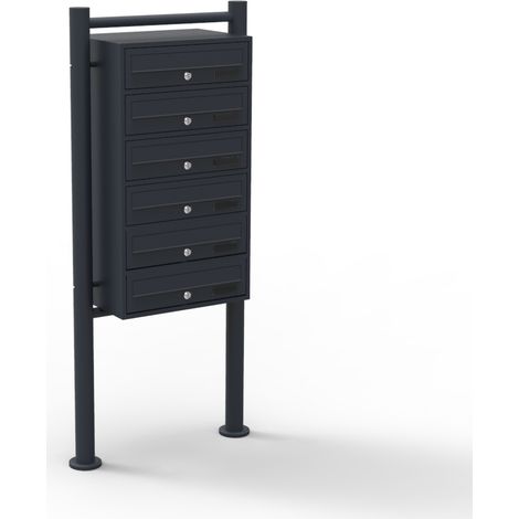 Wiltec 6er Briefkastenanlage schwarz 556 x 270 x 1500 mm, Standbriefkasten mit 6 Fächern, Schlüssel und Namensschild, Briefkasten Postkasten mit Ständer (1/5)
