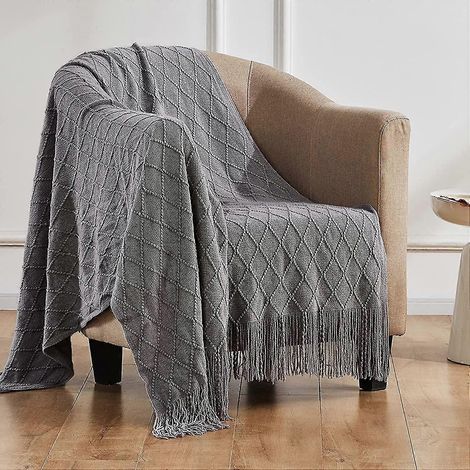 Plaid tricoté pour canapé, sofa et lit, plaid léger et doux avec pompon, plaid décoratif et confortable de style campagnard pour femmes et hommes (1/5)