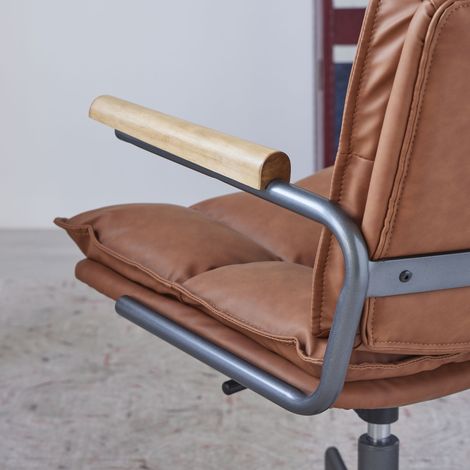 Chaise de bureau ergonomique en cuir avec roulettes et accoudoirs en chêne, fauteuil roulant réglable en hauteur avec fonction pivotante pour cadres. (1/4)