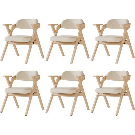 Lot de 6 chaises pliantes en bois massif avec coussin en lin beige pour salle à manger et salon (1/5)