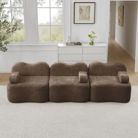 Modulares 3-Sitzer-Sofa aus Samt, gerades rahmenloses Sofa aus hochdichtem 32D-Schaum, mobiles Armlehnenkissen, für Wohnzimmer und Wohnung – Braun