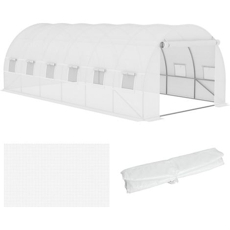 Ersatzfolie Ersatzabdeckung 600 x 300 x 200 cm mit Fronttür, 12 Fenster reißfest Gewächshausfolie, Gartenfolie für Gewächshaus, Treibhaus, Frühbeet, Weiß