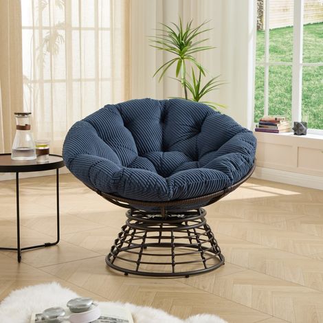 Fauteuil Papasan Pivotant à 360° en Résine Tressée - 92x92x67cm - Coussin Épais Velours Côtelé Confortable - Marron et Bleu (1/5)