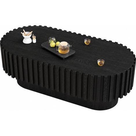 Table basse ovale noire en MDF à lattes verticales, avec tiroir de rangement, 100 x 50 x 35,5 cm pour salon (1/5)