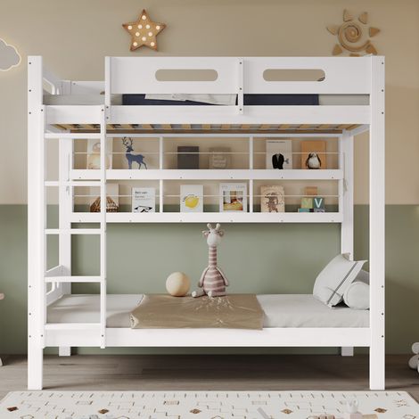 Lit superposé enfant barrière sécurité étagère ouverte échelle 5 marches rangement pin MDF blanc 90x200 cm