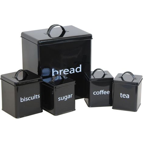 Oypla 5 Piece Black Kitchen Canister Storage Tin Set Bread Biscuits Tea Sugar Coffee (1/5)