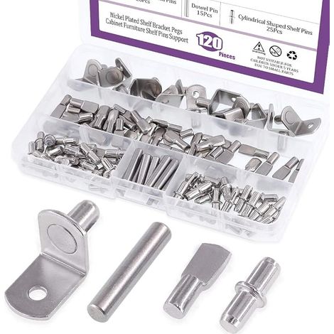 120 Pieces 4 Styles Shelf Pegs Kit with Nickel Brackets for Kitchen Furniture Fits Shelf Holes on Cabinets, Entertainment Centers (1/5)