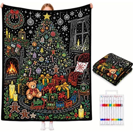 Couverture a Colorier DIY（100x140cm） avec 24 Marqueurs de Couleurs Plaid à Colorier Lavable pour Adulte Couverture Coloriage pour Femme Famille Ami Cadeau pour Anniversaire Noël (1/5)